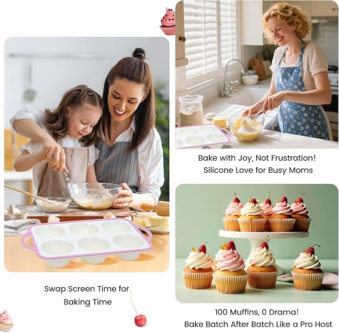 Silicone Jumbo Muffin Pan with Metal Frame, Non Stick Food Grade Silicone Large Muffin Pan, with Handles 6 Cup,BPA-Free and Dishwasher Safe, Jumbo Cupcake Pans - 2 Piece Pink