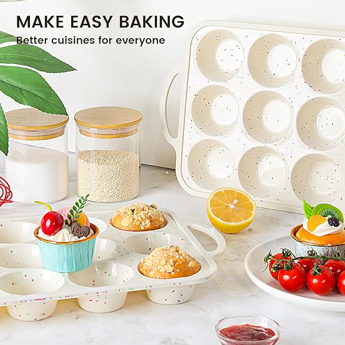 Vinino 2Pack Silicone Muffin Pan for Baking with Metal Reinforced Frame, Regular 12 Cup and Mini 24 Cup Nonstick Cupcake Pan Set, BPA Free Silicone Muffin Tray Molds for Oven Dishwasher Safe