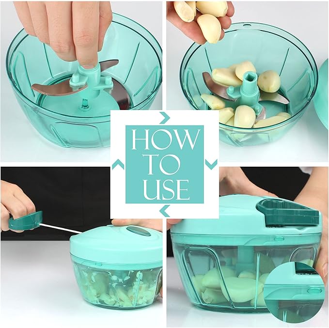 Ourokhome Manual Food Processor Vegetable Chopper, Portable Hand Pull String Garlic Mincer Onion Cutter for Veggies, Ginger, Fruits, Nuts, Herbs, etc., 500ml, Blue