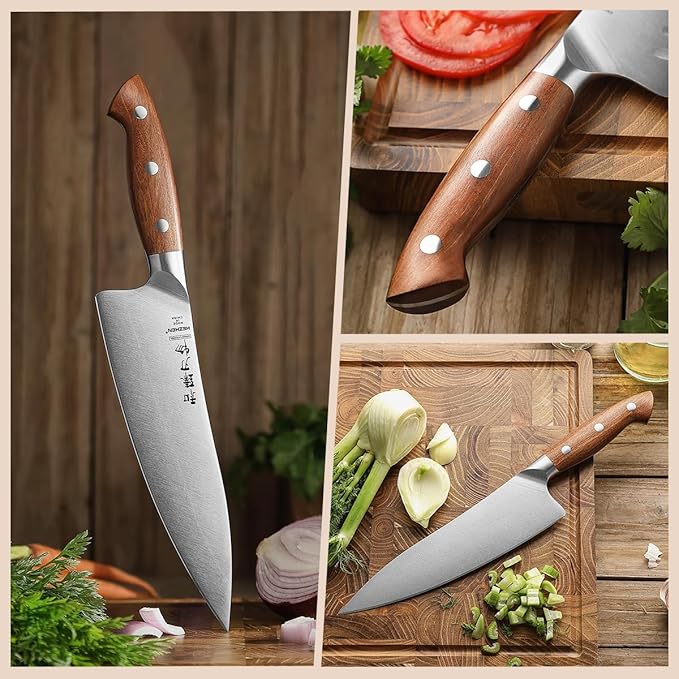 HEZHEN Pro Chefs Knives 8.3 Inch,High Carbon German 1.4116 Steel,Stainless Steel Rivets with Red Wood Handle，Razor Sharp,Super Edge,with Woodern Knife Sheath