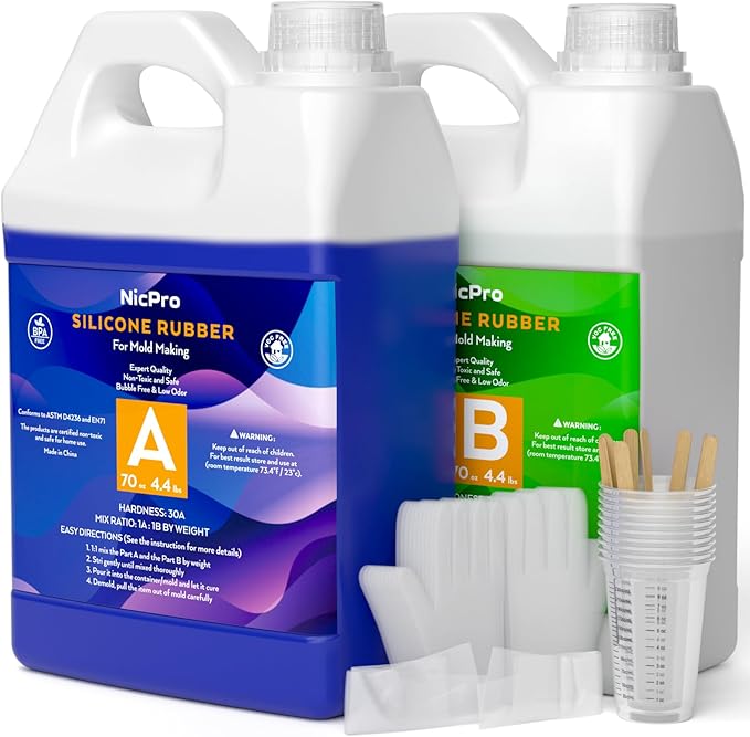 Nicpro 140oz Silicone Mold Making Kit, 30A Platinum Liquid Silicone Rubber, Flexible Silicone Molds Maker Mix Ratio 1:1 for Casting 3D Resins Molds DIY with Gloves, Sticks, Mixing Cups