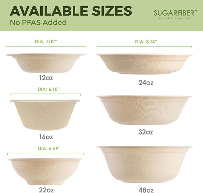 [50 Count] Harvest Pack PFAS Free 12oz Round Paper Bowls - Compostable Heavy-Duty Eco-Friendly Disposable Bagasse Bowls Sugarcane Natural Plant fibers for Meal Prep Takeout Dinnerware