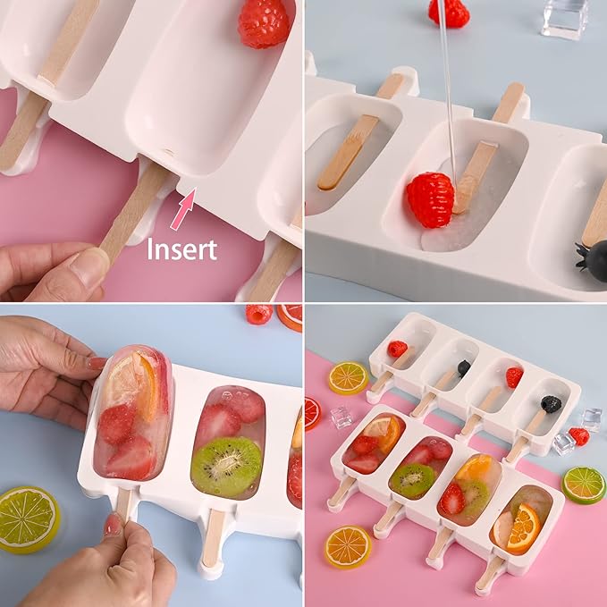 WMKGG Popsicle Silicone Molds Set, 2 PCS Ice Cream Molds with 50 Wooden Sticks for Cake Pop, Ice Pop, Cakesicles, (Standard Size/White) …