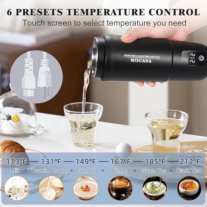 Travel Kettle,Miicasa Portable Electric Kettle,Smart Small Water Boiler for Tea & Coffee,6 Temperature Control,Auto Shut Off & Boil Dry Protection,17oz