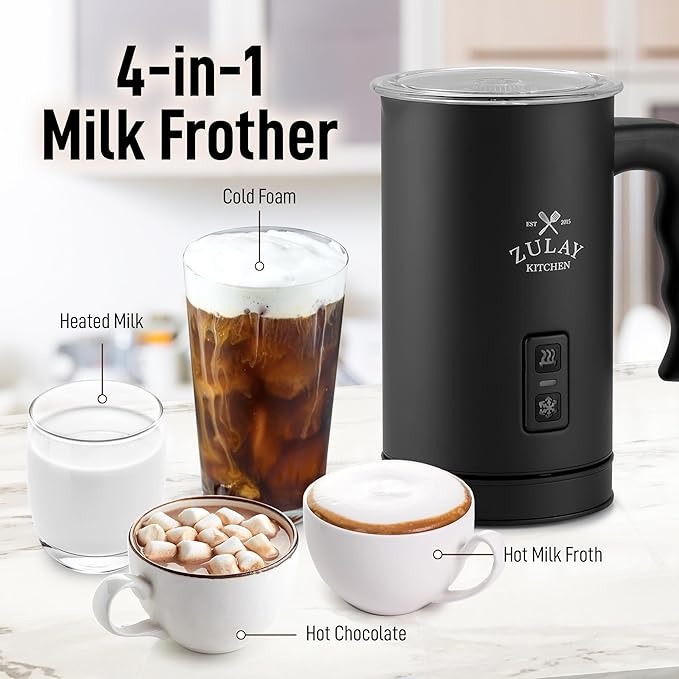 Zulay 4-in-1 Milk Frother & Steamer – Hot & Cold Foam Maker, Milk Warmer & Chocolate Stir – Automatic Temp Control, Nonstick Double-Wall Stainless Steel Jug, Auto Shut Off, 360° Base – Aero Black