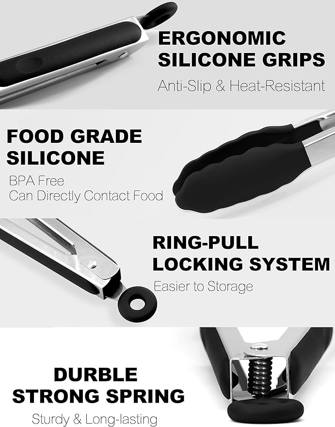 Anaeat 3 Pack 7" Mini Non-Stick Silicone Locking Tongs - Stainless Steel Kitchen Food Tong with Non-Slip Silicone Tips and Grip for Cooking, Baking and BBQ - Heat Resistant up to 480°F (Black)