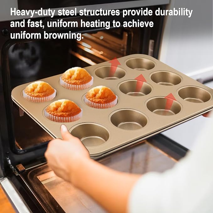 2 Pack Premium Nonstick Bakeware 12-Cup, Mini Muffin Pan, Dishwasher Oven Safe(Golden, 12 Cup (2 pcs)
