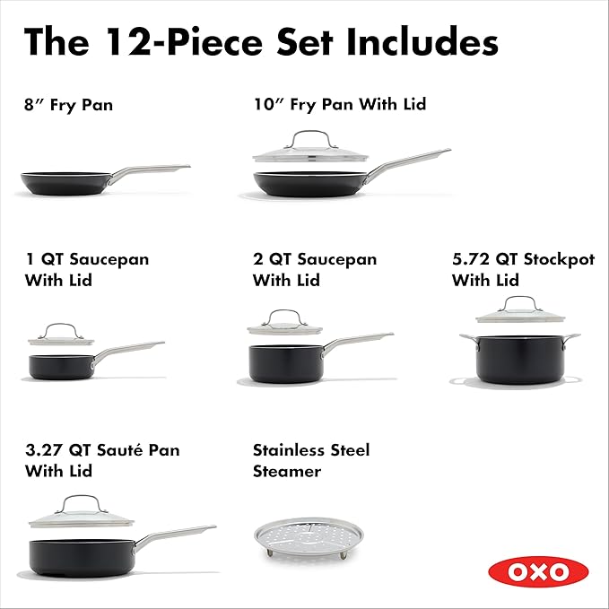 OXO Agility Series 12 Piece Cookware Pots and Pans Set, Ceramic Nonstick PFAS-Free, Induction, Skillets,Saucepans,Lids,Even Heating,Stainless Steel Handles,Chip-Free Rims,Dishwasher & Oven Safe,Black