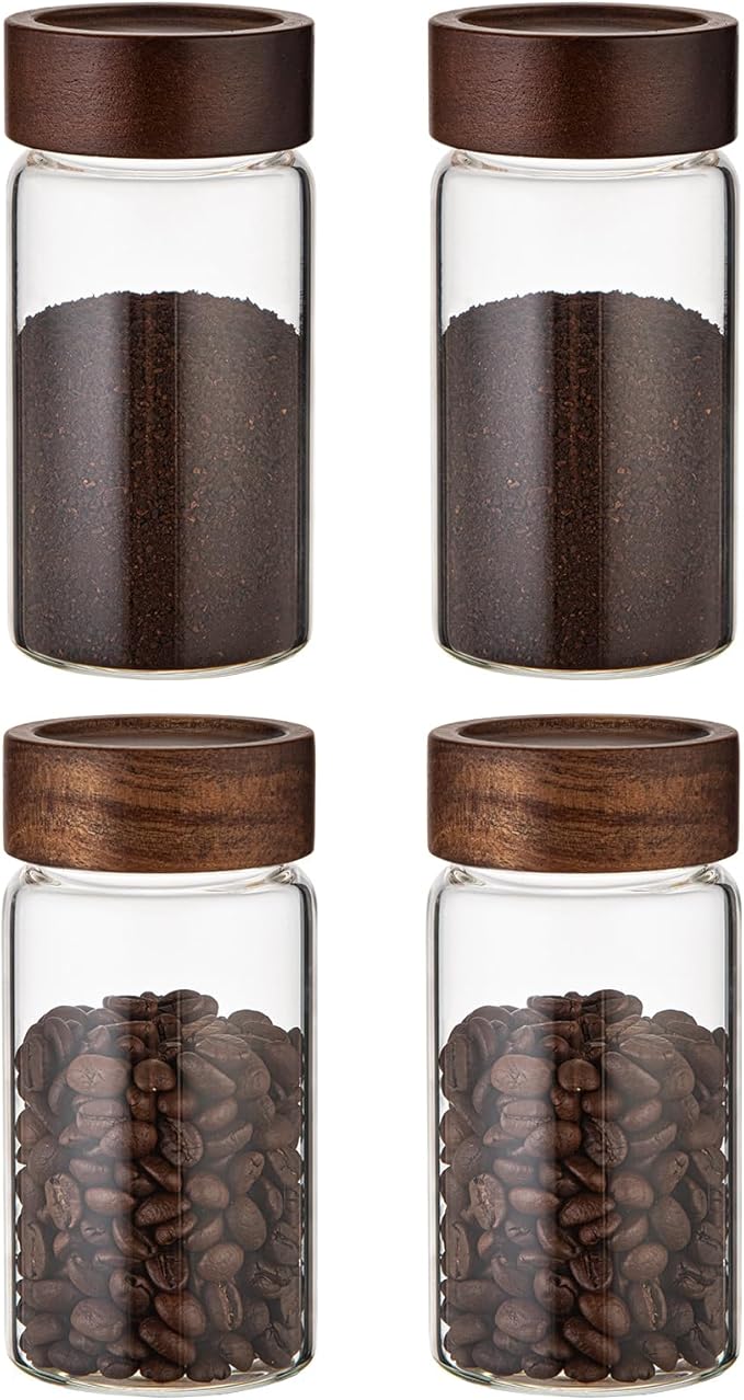 Small Glass Jars with Airtight Lid Clear Coffee Ground Storage Canister Wooden Lid Round Glass Spice Jar for Pantry Sugar Tea Bean Nuts Cookies Bath Salts (4×250ml(8.4oz))