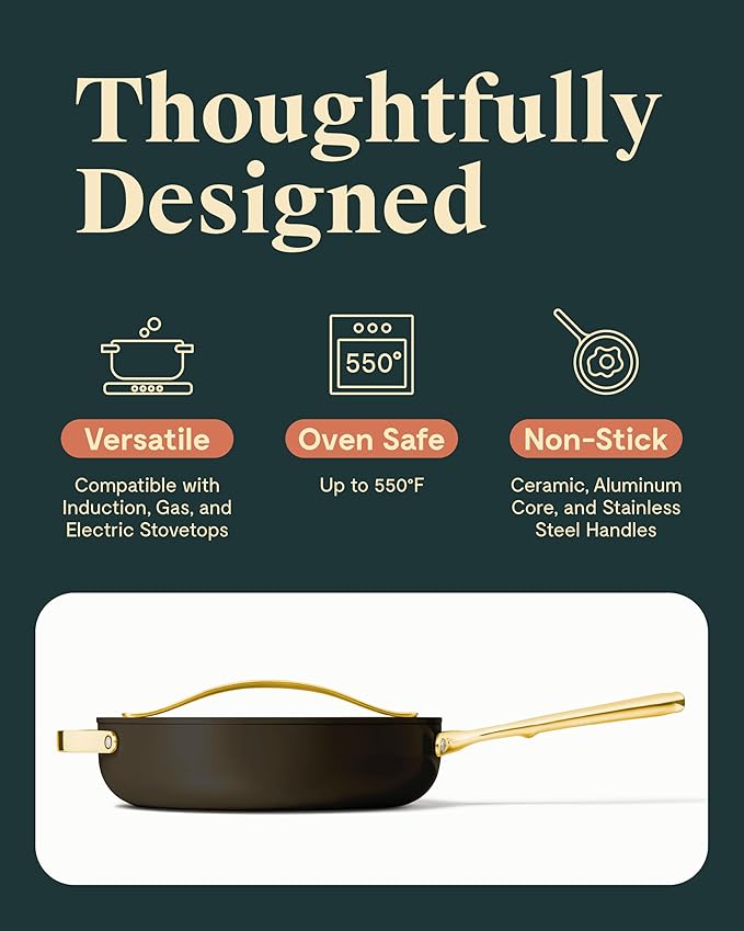 Caraway Nonstick Ceramic Sauté Pan with Lid (4.5 qt, 11.8") - Non Toxic, PTFE & PFOA Free - Oven Safe & Compatible with All Stovetops (Gas, Electric & Induction) - Black