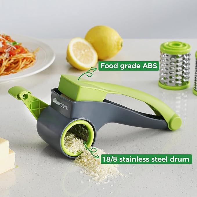 KITEXPERT Cheese Grater with Handle, Parmesan Cheese Grater with 2 Stainless Steel Drums, Rotary Cheese Graters Handheld for Grating and Shredding Hard Cheese, Chocolate