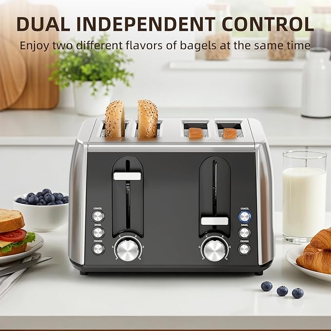 4 Slice Toaster, 6 Browning Settings, Removable Crumb Tray, Stainless Steel Bread Toaster for Bagels, Muffins, Waffles, Defrost, Cancel Button, 120V 1800W