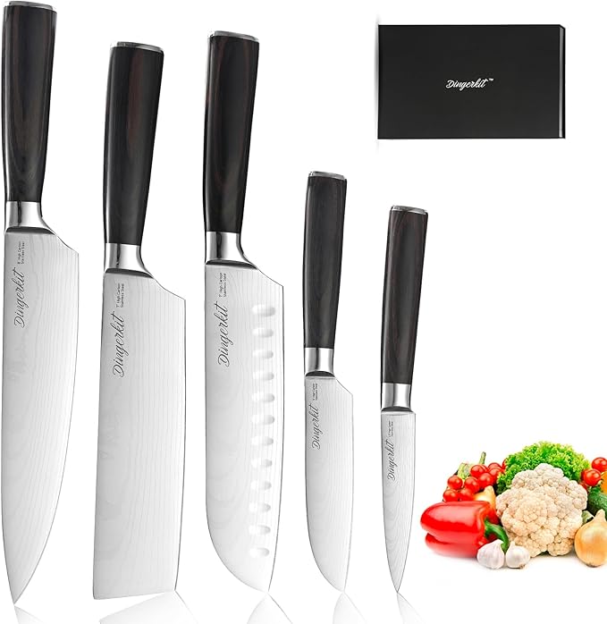 Knives Set for Kitchen, Chef's Knife Set Professional with Chef Santoku Cleaver Nakiri Fruit 5pcs Knife - Damascus Stainless Steel Cooking Knife Set with pakkawood Handle.