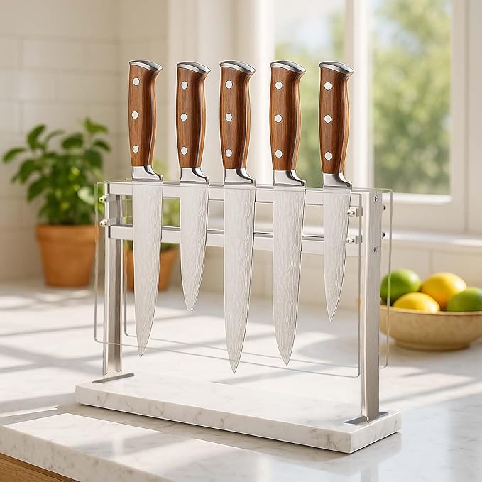 Acrylic Shield Magnetic Knife Block Holder - Marble Base Magnetic Knife Stand for Counter Top -Double Sided Magnetic Knife Holder -Stainless Steel Kitchen Knife Block without Knives -White