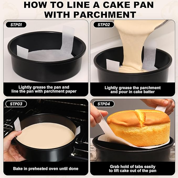 8 Inch Cake Pan Set of 3, Nonstick Round Cake Pans with 110 PCS Parchment Paper, Non-Toxic Carbon Steel Cake Baking Pans, Dishwasher Safe