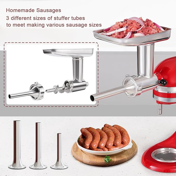 Stainless Steel Meat Grinder Attachment for KitchenAid Stand Mixers, Includes 3 Grinding Plates & 3 Sausage Stuffer Tubes, All-Metal Food Grinder, Dishwasher Safe