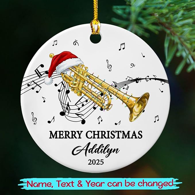Unique Trumpet Instrument Ceramic Xmas Tree Ornament, Customized Text Year Name Trumpeter/Trumpet Player Ornaments Gift for Women Men, Personalized Trumpets Musical Lover Ceramic Keepsake Ornament