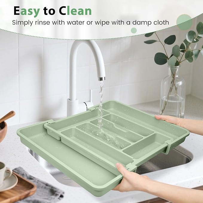 Caperci Large Silverware Organizer for Kitchen Drawer & Utensils - Expandable Drawer Organizer for Cutlery, Flatware & Gadget, BPA-Free Thick Plastic, Wider Compartments & Non-skid Feet (Sage Green)