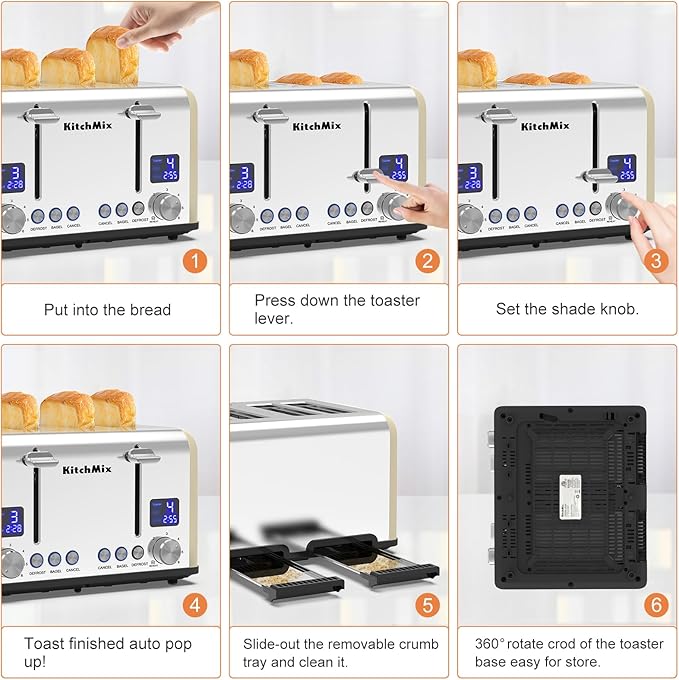 Toaster 4 Slice, KitchMix Bagel Stainless Toaster with LCD Timer, Extra Wide Slots, Dual Screen, Removal Crumb Tray (Cream)
