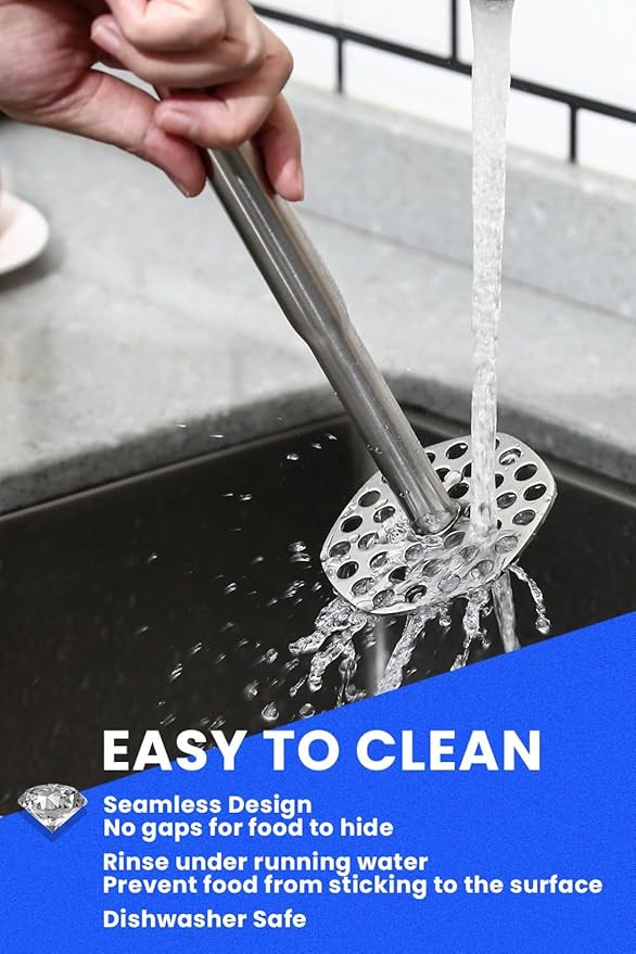 316L Potato Masher Stainless Steel, Sturdy Mashed Potato Masher Kitchen Tool, Solid Integrated Potatoes Smasher for Beans, Avocados, Squash, Dishwasher Safe, 8.8 Inch