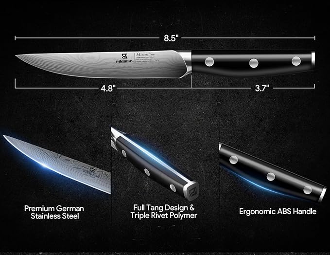 Steak Knives Set of 8, 4.5 Inch Non Serrated Dinner Knife, Forged German Steel Damascus Pattern Straight Edge Meat Knife with Full Tang Handle, Dishwasher Safe, Ideal for Gift