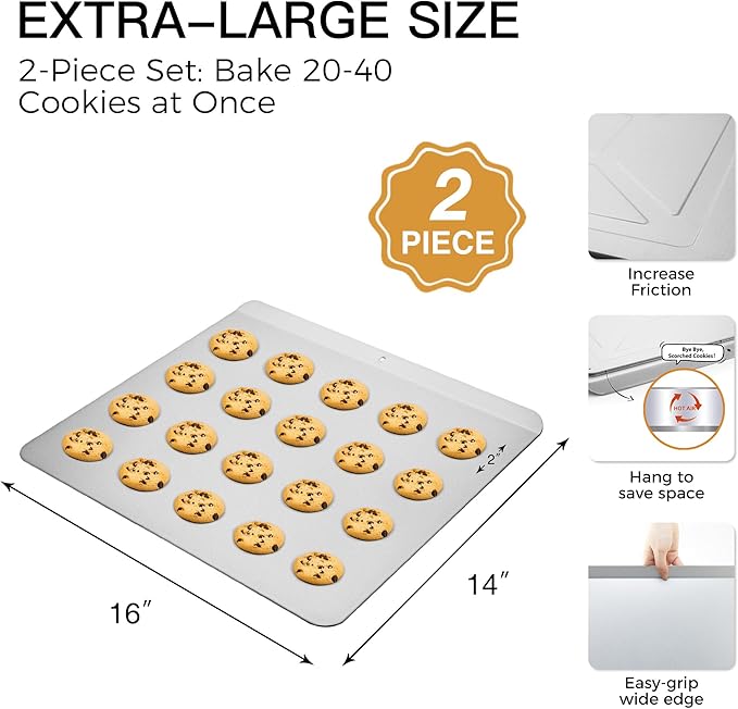 HONGBAKE 2 Pieces Large Flat Cookie Sheet No Edges, Nonstick Insulated Baking Pan, Commercial Oven Trays for Cooking, 16" X 14", Grey