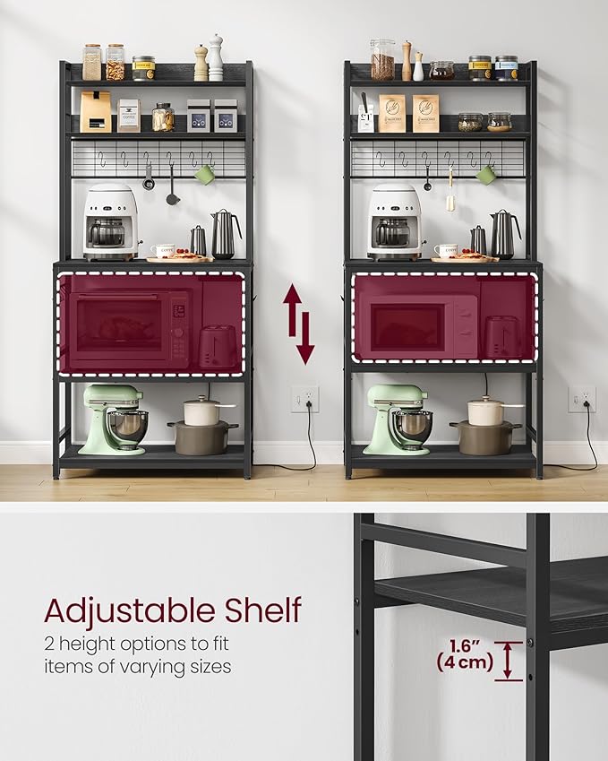 VASAGLE Hutch Bakers Rack with Power Outlet, 14 Hooks Microwave Stand, Adjustable Coffee Bar with Metal Wire Panel, Kitchen Storage Shelf, 15.7 x 31.5 x 66.9 Inches, Charcoal Gray and Ink Black