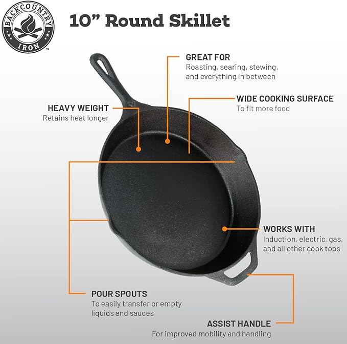 Backcountry Iron 10-1/4 Inch Round Medium Pre-Seasoned Cast Iron Skillet