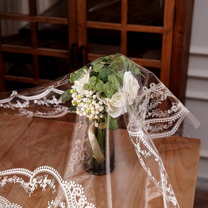 Clear Table Cover Protector Vinyl PVC Square Table Cloth with White Lace Pattern Oil Spill Proof Plastic Tablecloths for Dining Tables Parties Holidays (French Lace, 55 x 55 Inches)