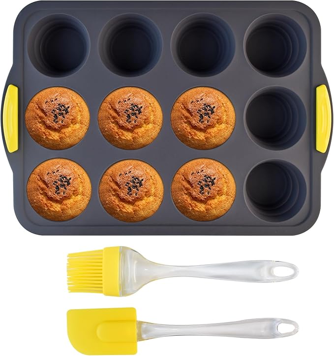 Silicone Muffin Pan for Baking with Metal Reinforced Frame，Foldable Cupcake Pan 12 Cups for Baking Homemade Muffins,Nonstick Cupcake Baking Pan Molds for Oven Dishwasher Safe With Brush and scraper