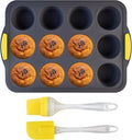 Silicone Muffin Pan for Baking with Metal Reinforced Frame，Foldable Cupcake Pan 12 Cups for Baking Homemade Muffins,Nonstick Cupcake Baking Pan Molds for Oven Dishwasher Safe With Brush and scraper