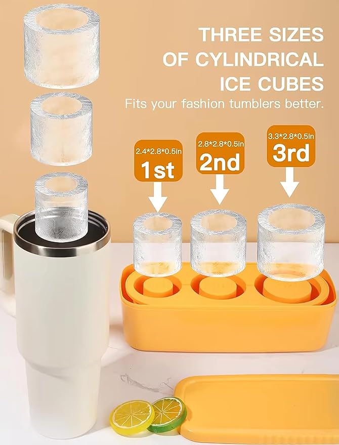 Ice Cube Tray for Stanley Cup, Silicone Ice Mould with Lid & Bin, Long Ice Cubes for 30-40Oz Tumbler, Easy Fill & Release, Perfect for Cocktails, Whiskey, Iced Coffee, Drinks, BPA Free (Yellow)