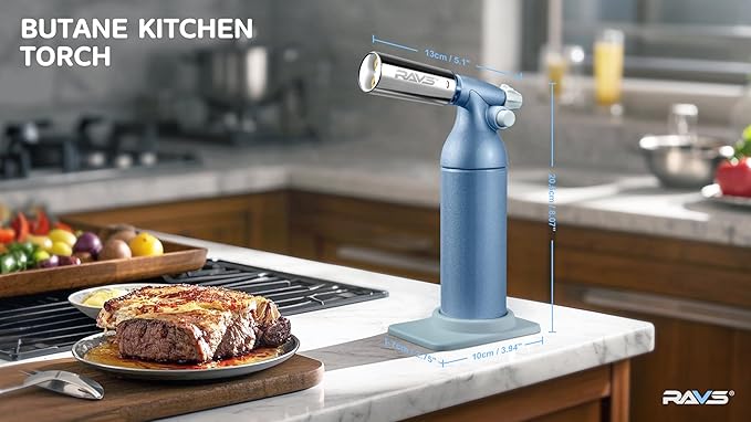 RAVS Dual Flame Butane Torch Lighter, Professional Kitchen Torch with 20G Large Capacity, Adjustable Flame, Blue Cooking Torch for Creme Brulee, BBQ, Baking, Gifts for Women (Butane Gas Not Included)