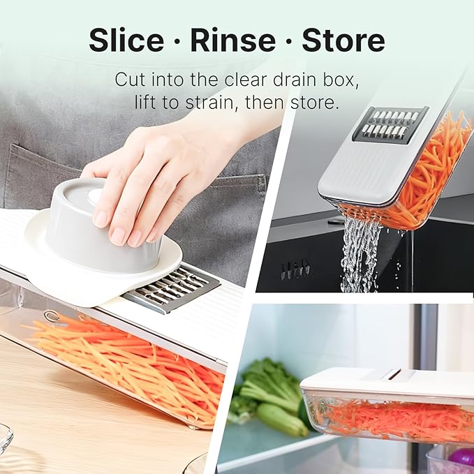 Multifunctional Handheld Mandoline Slicer for Kitchen with Drain Box – 6 Interchangeable Blades, Safety Guard, Vegetable/Cucumber Slicer for Salad Meal Prep, Easy to Clean, Compact Storage