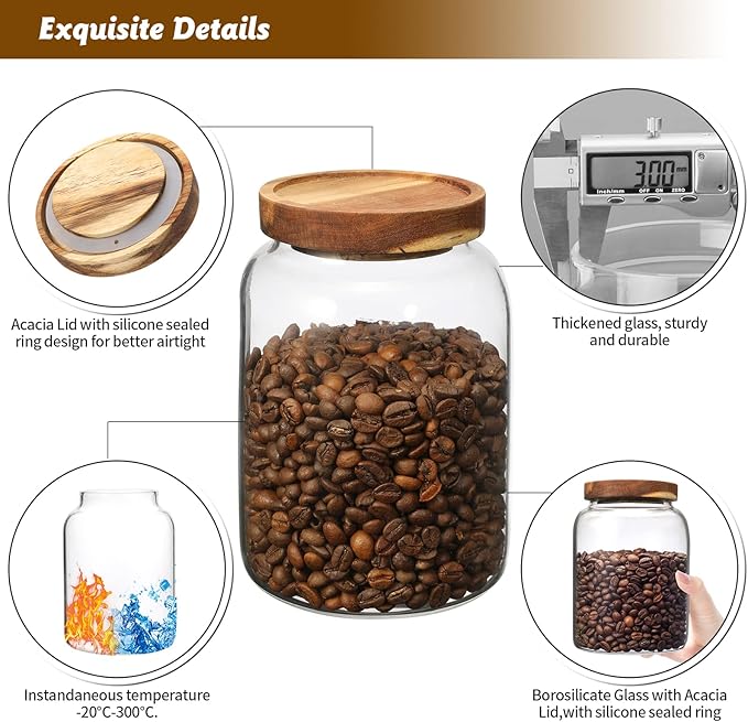 Glass Coffee Storage Jar with Lids Spoon Thicken Glass Coffee Canister Borosilicate Glass Food Containers for Ground Coffee Beans Nut Pasta Sugar Candy Spice Rice Loose Tea