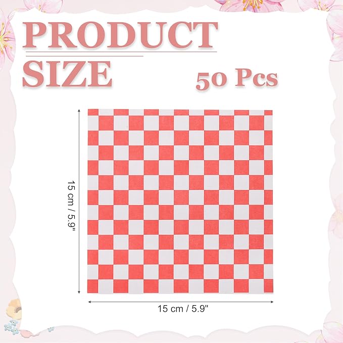 PATIKIL 5.9" x 5.9" Waxed Paper Sheets, 50Pcs Square Pattern Oil-absorbing Dry Food Wrapping Paper for Bakery Coffee Shop Home Baking Kitchen DIY, Red