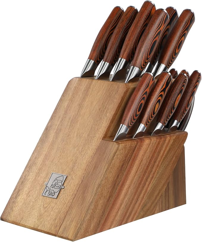 TUO 17 PCS Kitchen Knife Set for Kitchen with Block, German X50CrMov15 Steel Blade Knife Block Set, Full Tang Pakkawood Handle
