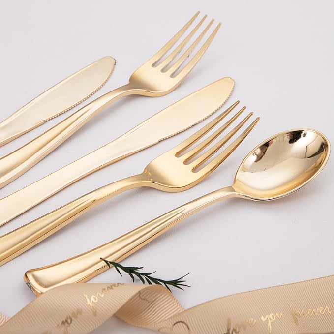 Liacere 200Pcs Gold Plastic Silverware-Gold Plastic Cutlery - Disposable Silverware include 100 Forks 50 Spoons 50 Knives Perfect for Parties&Weddings&Restaurants&Thanksgiving&Fall Decor
