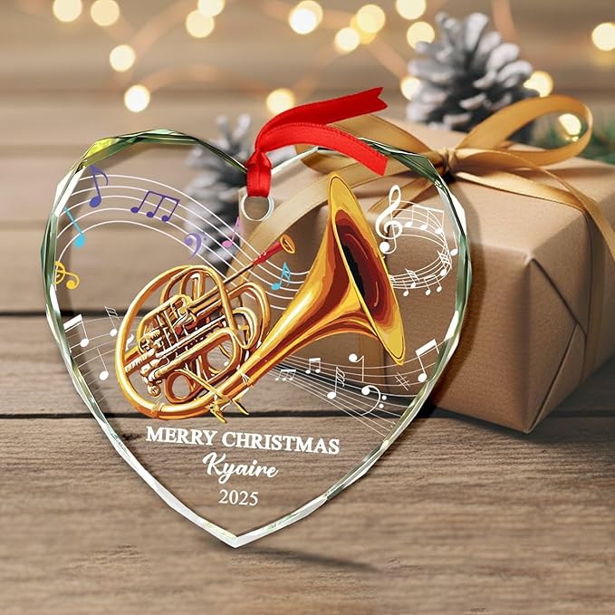 Customized French Horn Instrument Glass Ornament Xmas Tree, Personalized Year Text Name French Horn Lover Christmas Ornaments Gift for Dad Mom Husband Wife Uncle Aunt,Unique Horns Glass Xmas Ornament