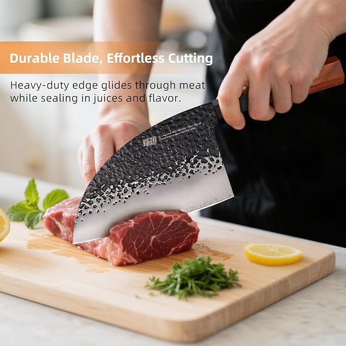 FINDKING Dynasty Series Serbian Chefs Knife with Leather Sheath, Heavy Duty Meat Cleaver, 9Cr18MoV High Carbon Steel Blade, African Rosewood Octagonal Handle, for Meat, Chicken Bones, 6.5 Inches