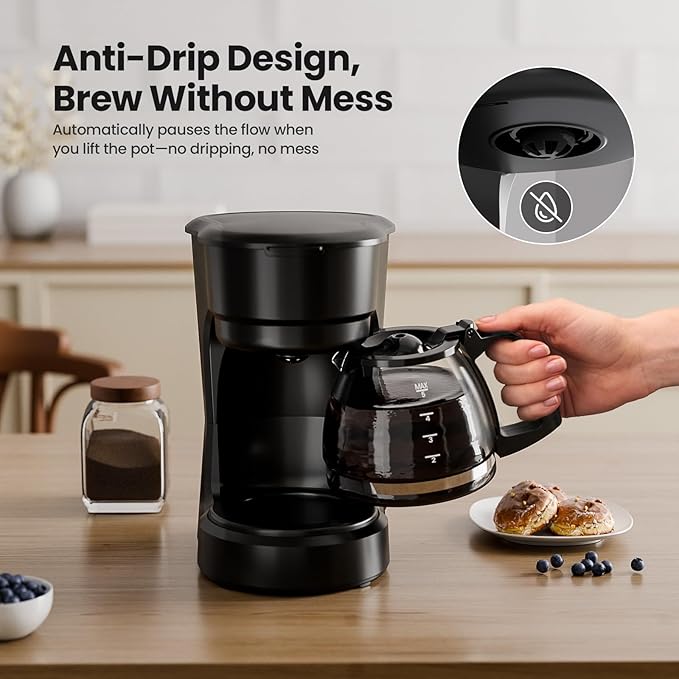 Kismile 5 Cup Coffee Maker, 0.75L Small Drip Coffee Machine with Anti-Drip Design, Dry Burn Protection, Removable Filter Funnel, Easy Mechanical Switch, Black