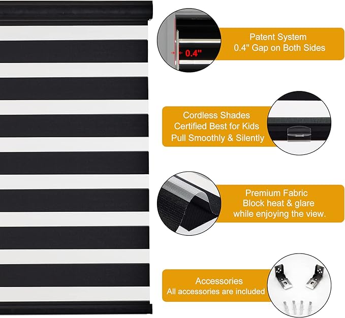 Persilux Cordless Zebra Blinds for Windows Free-Stop Window Shades (27" W X 72" H, Black) Dual Layer Light Control for Day and Night, Light Filtering Sheer Shades for Home, Easy to Install