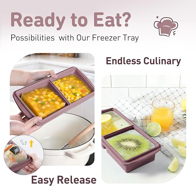 Silicone Freezer Tray with Lid Soup Freezer Container Molds with Steel Reinforced Rim Large Ice Cube Tray Makes 4 Perfect 2 Cup Portions Cubes Storage Food Meal Prep Containers Cookware 2 Pack
