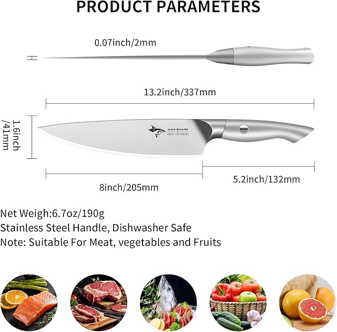 MAD SHARK 8 Inch Chef Knife, Professional Kitchen Knife with German High Carbon Steel, Ultra Sharp & Ergonomic Handle for Meat, Vegetables Cooking Knife for Mens, Mom & Dad Birthday Gifts (Gift Box)