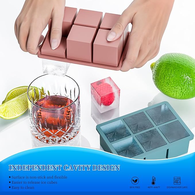 Large Ice Cube Tray for Whiskey 3 Pack, HANCELANT Big Silicone Square Ice Cube Mold with Removable Lid, 2'' Huge Square Ice Cubed Tray for Whisky and Cocktail(Blue+Green+Pink)