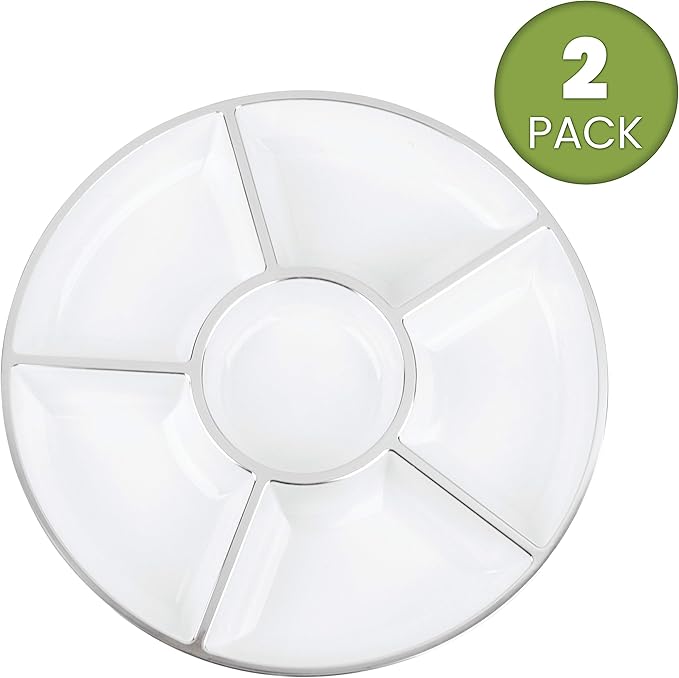 Plasticpro 6 Sectional Round Plastic Serving Tray/Platters White & Silver Pack of 2