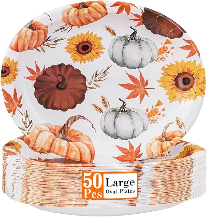WDF 50 Pack Fall Oval Paper Plates - 10" x 12" Pumpkin and Maple Large Paper Plate - Thanksgiving Autumn Leaves Plates Disposable Heavy Duty Dinner Size - Suitable For Thanksgiving/Fall Theme Party