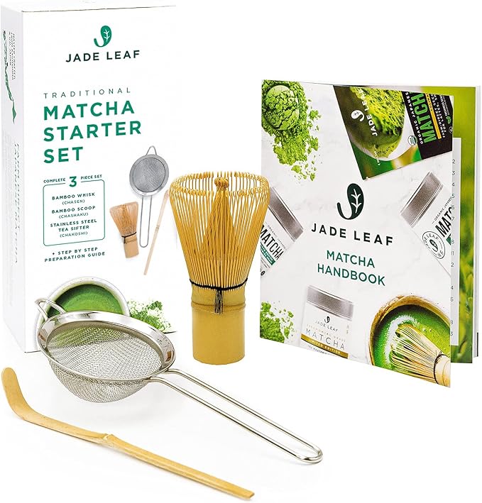 Jade Leaf Matcha - Traditional Starter Set - Japanese Matcha Gift Set Includes: Bamboo Whisk (Chasen), Scoop (Chashaku), Stainless Steel Sifter, Fully Printed Handbook