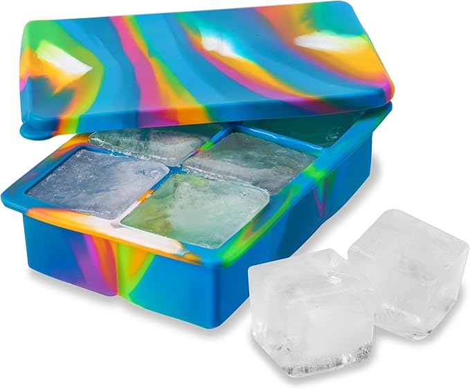 Host Ice Cube Tray with Lid, Makes 6 Large 2" Cubes, Durable Silicone Trays, Perfect for Cocktails, Beverages, Mocktails, Iced Coffee, Tea, Infused Water, Kitchen Essentials, Set of 1, Colored Marble