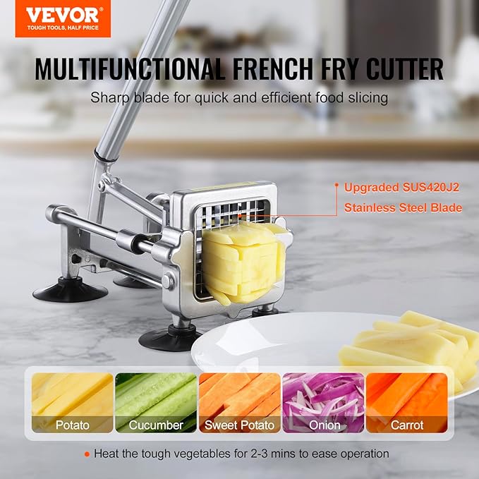 VEVOR French Fry Cutter, Potato Slicer with 1/2", "3/8", "1/4 Stainless Steel Blades, Manual Potato Cutter Chopper with Suction Cups, Great for Potato, French Fries, Cucumber, Vegetables, Carrot
